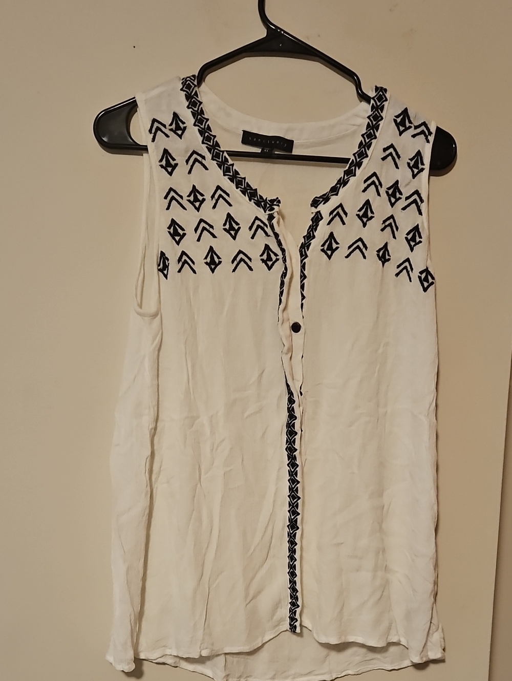 Sanctuary White Sleeveless Camisole with Navy Geometric Embroidery